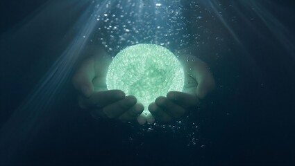 Glowing human brain held in hands with neural network illumination