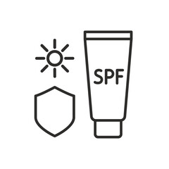Sunscreen icon. Minimalist cream tube with sun. Sun rays protect. Line vector art.