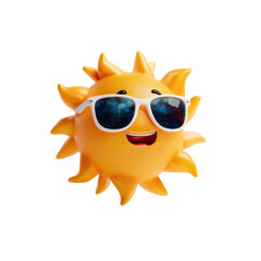 Smiling sun character with sunglasses in vibrant yellow color on white background for summer illustration