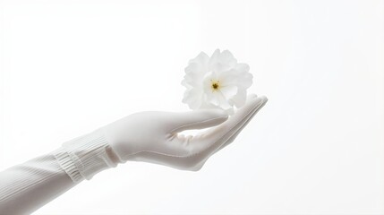 Cloud Dancer 2026 captures delicate white flower cradled in soft knit sleeve hand. Minimalist aesthetic embodies tenderness, care and purity perfect for wellness, skincare and feminine lifestyle brand