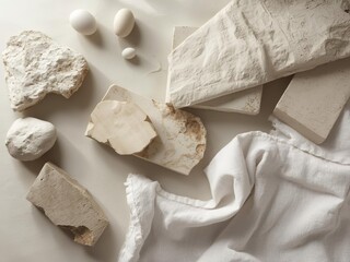 Cloud Dancer 2026 showcases organic materials flatlay with stones, wood, linen and eggs. Earthy minimalist aesthetic perfect for sustainable design, natural beauty brands and eco-conscious lifestyle c