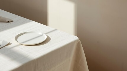 Cloud Dancer 2026 features pristine white ceramic plate on natural linen tablecloth bathed in soft sunlight. Clean minimalist aesthetic perfect for dining, hospitality and sustainable homeware brands.