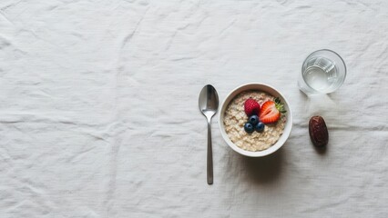 A Healthy Start: A visually appealing breakfast with oatmeal, berries, a date, and a glass of water, symbolizing a balanced and nourishing start to the day.