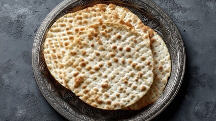 Round crisp flatbreads on ornate silver plate against dark background.