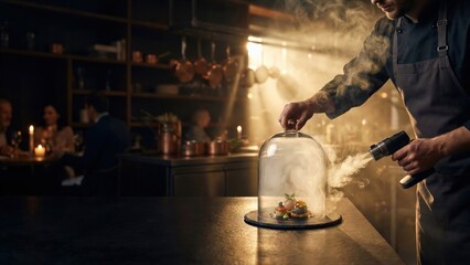 Man chef smoking molecular gastronomy dish under glass cloche. Modern culinary art and fine dining experience. Innovative food presentation
