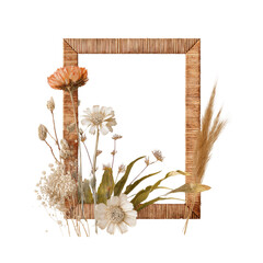 Floral frame with wildflowers in rustic wooden border with soft natural lighting for wedding invitation