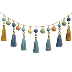 Colorful tassel garland in bohemian style with soft pastel colors and warm golden accents for home decor