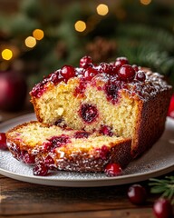 Homemade cranberry orange loaf cake with crumble topping and powdered sugar, perfect holiday dessert