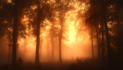Misty forest landscape with silhouetted pine trees against a soft, golden sunrise, creating a serene and ethereal atmosphere in nature