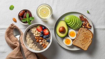 Delicious and Nutritious Breakfast Spread: An overhead view of a vibrant breakfast arrangement that consists of a bowl of oatmeal with chia seeds, nuts, and fresh berries.