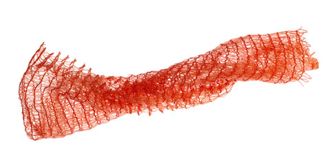 torn red plastic fruit net flying, bag isolated on white background and texture, design element,...