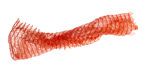 torn red plastic fruit net flying, bag isolated on white background and texture, design element, transparency