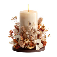 Decorative candle with dried flowers in warm beige tones on wooden base in soft natural lighting for home decor