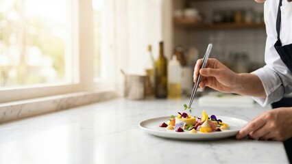 Chef woman garnishing a molecular cuisine dish in professional kitchen. Fine dining presentation for gourmet restaurant food