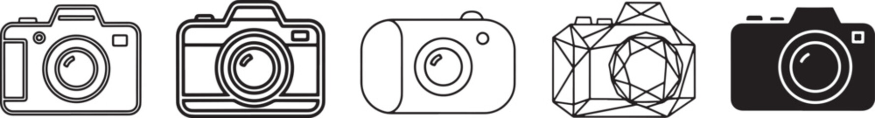 A collection of five different camera icons in various styles, representing photography and technology Vector