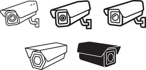A collection of security camera icons and illustrations showing different surveillance camera styles Vector
