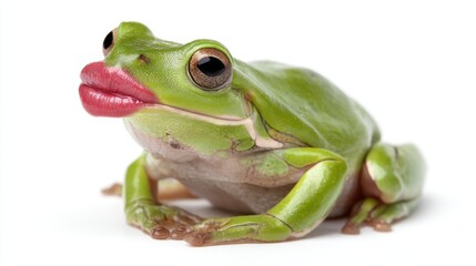 Obraz premium Green frog with red lips on white background.