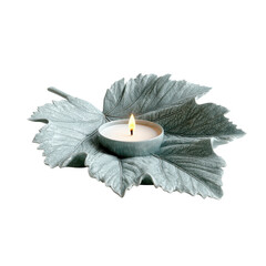 Lit Tea Light Candle in Gray Leaf Shaped Holder in Soft Focus with White Background for Home Decor