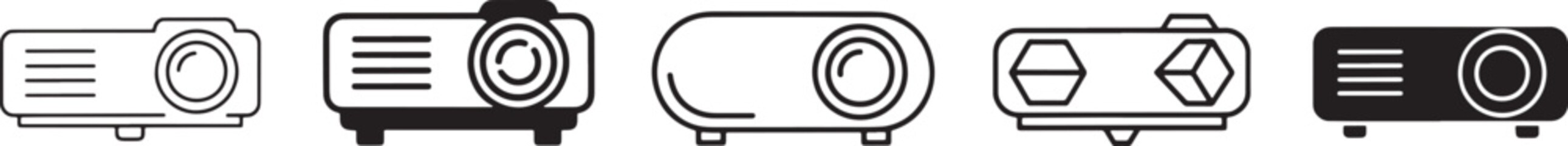 A row of five different projector icons or illustrations for technology and presentation concepts Vector
