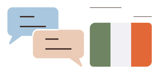 Language learning, translation, national identity, cultural exchange, global communication, international relations. Speech bubbles and Irish flag together. Language learning and translation concept