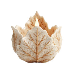 Ceramic leaf-shaped bowl in beige with intricate details in soft natural lighting for home decor