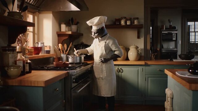 Feline executive chef stirring tomato sauce in a kitchen. Anthropomorphic cat wearing white toque and apron tasting food from pot. Panning medium shot.
