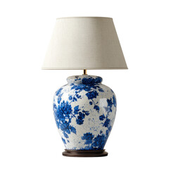 Ceramic table lamp with blue floral pattern in soft white lighting on wooden base for home decor