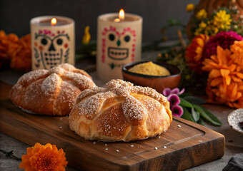 Traditional Pan de Muerto bread on a rustic wooden board, surrounded by flowers and candles, represents the offerings for Mexico's Dia de Muertos.