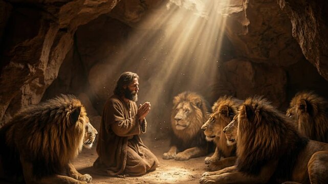 Daniel praying in the lions' den surrounded by powerful lions, AI generated biblical scene.