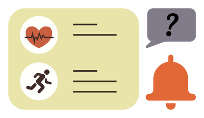 Health tracking, fitness goals, alerts, lifestyle management, medical updates, wellness monitoring. Heartbeat and running icons next to notification bell and question bubble. Health tracking
