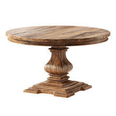 Round wooden table in rustic style with warm brown tones and classic pedestal base for home decor