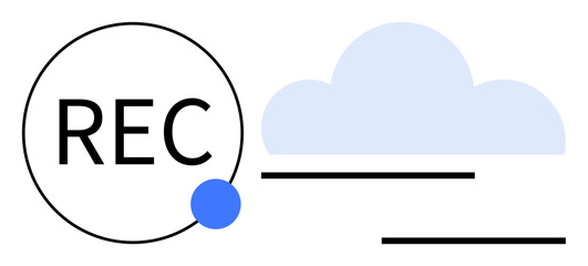 Blue circle, REC label, cloud icon, and simple lines represent data recording, storage, and transfer. Ideal for technology, cloud computing, data backup media security communication innovative