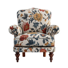 Floral armchair in vintage style with colorful pattern and wooden legs for home decor
