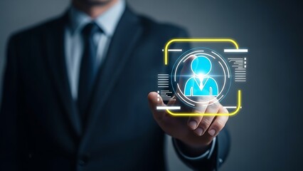 Businessman interacting with futuristic biometric interface