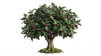 A tree with green leaves and red berries on a white background