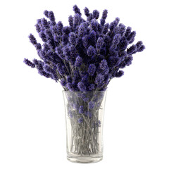 Lavender bouquet in clear glass vase with purple flowers in soft natural lighting for home decor