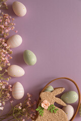 Pastel Easter Bunny Basket with Eggs and Flowers on Lavender Background