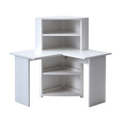 Corner desk with hutch in modern minimalist white finish and soft studio lighting for home office