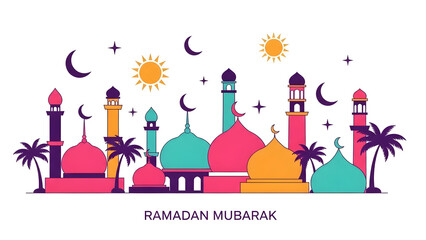Colorful Flat Vector Illustration of an Islamic City Skyline with Mosques Palm Trees and Moons for Ramadan Mubarak Banner
