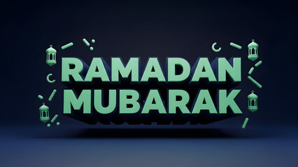 Modern 3D Rendered Ramadan Mubarak Typography in Teal with Floating Stylized Lanterns and Geometric Shapes on a Dark Gradient