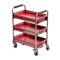 Red utility cart with chrome frame and black handles in modern industrial style with bright studio lighting for medical or office supply