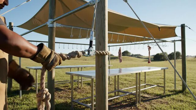 Butcher in protective gear tying a rope to a meat hook at an outdoor butchering station