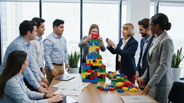 Business team collaborative effort building a structure together using colorful blocks, celebrating