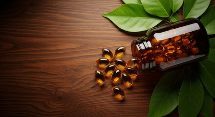 Natural herbal vitamin softgel capsules spilling from bottle on wood