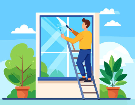 A man on a ladder is cleaning the exterior window of a building with a squeegee, representing professional cleaning services and property maintenance. - Powered by Adobe