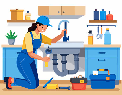 A skilled female plumber in overalls repairs a kitchen sink. Using a wrench with her toolbox nearby, she represents women in trades, professional home repair, and essential maintenance services.