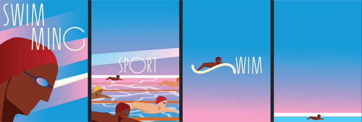 Swimming sport poster set with professional swimmers in action. Modern flat illustration for fitness clubs, sport competitions, aquatic events, and healthy lifestyle promotion.