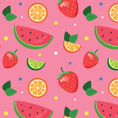 Cute Fruit Seamless Pattern with Watermelon Strawberry Orange Lime on Pink Background