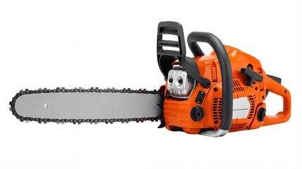 Orange gas powered chainsaw with black handle and chain
