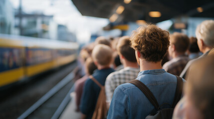 Crowded train platform filled with commuters waiting during rush hour, people standing close together, urban transportation scene, daily routine, motion blur atmosphere, public transit pressure and